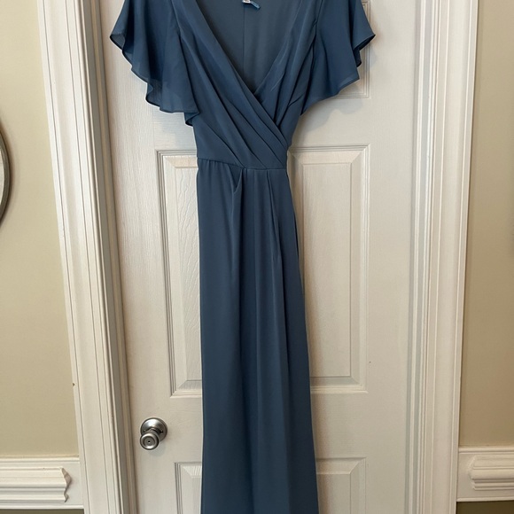 David’s Bridal Flutter Sleeve Georgette Wrap Dress Steel Blue - Picture 3 of 6